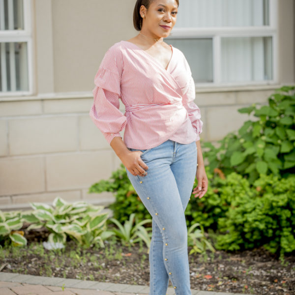 Ruffled wrap blouse and pearl denim