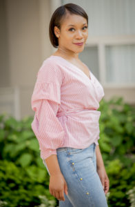 ruffled wrap blouse and pearl denim