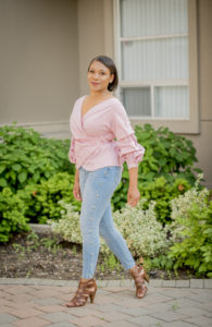 ruffled wrap blouse and pearl denim