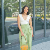 beige top and sage green skirt